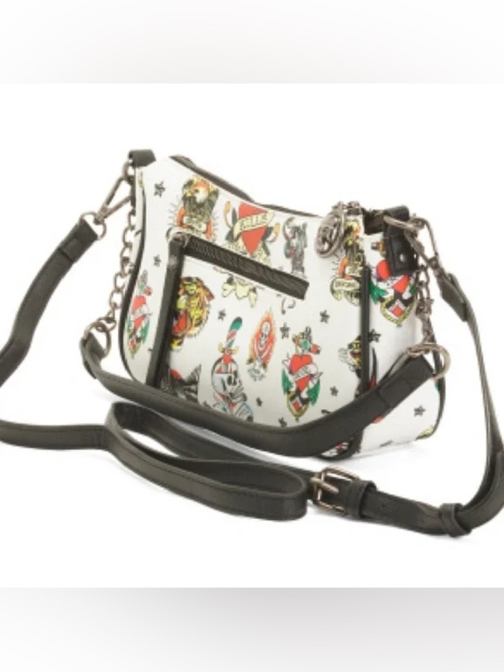 Ed Hardy White Graphic Crossbody Bag with Black Strap